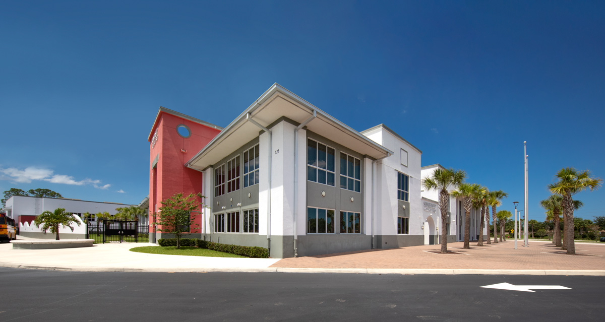 Architectural view of the Somerset Collegiate Preparatory Academy chater high school in Port St Lucie, FL